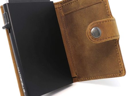 Stealth Wallet - Cartera Ligera y Minimalista con Tarjetero - Carteras Emergentes Seguras con Tarjeteros con Bloqueo RFID (Aluminio Negro Piel de Crazy Horse Marrón) Reacondicionado Supply